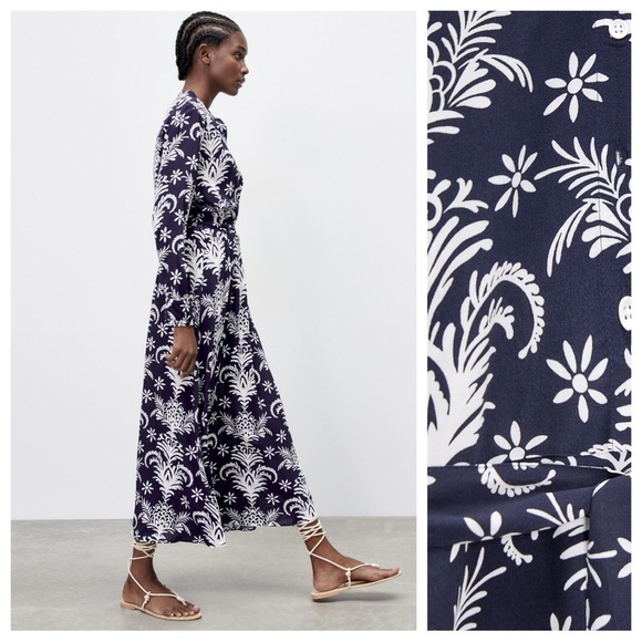 NWT. Zara Blue/White Printed Midi Dress with Belt. Size M. - Picture 5 of 10